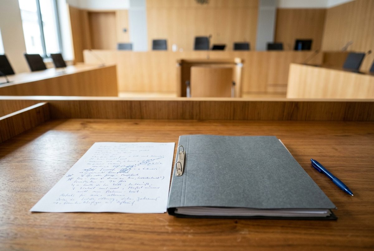 Handschriftliche Notiz und Akte auf dem Tisch der Verteidigung im Gerichtssaal