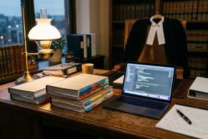 Schreibtisch mit Akten, Laptop und Notizen, im Hintergrund eine Robe