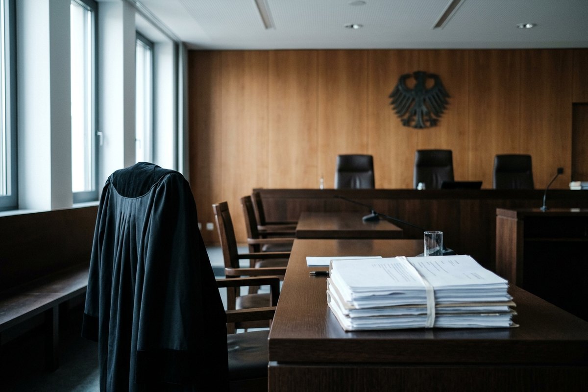 Verteidigertisch mit Antragsstapel und Robe vor der Richterbank