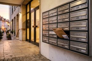 Briefkastenanlage im Hauseingang, in einem Briefkasten steckt ein brauner Umschlag