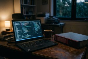 Laptop mit Programmcode auf einem Schreibtisch neben einem Aktenordner