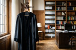 Schwarze Richterrobe auf einem Kleiderbügel in einem Richterzimmer