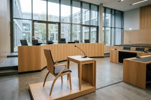 Leerer Zeugenstuhl mit Mikrofon vor der Richterbank in einem modernen Gerichtssaal